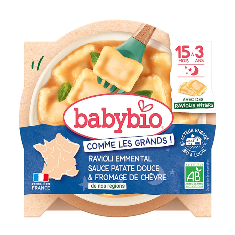 Babybio BIO Ravioli s ementálem, pyré ze sladkých brambor a francouzský kozí sýr