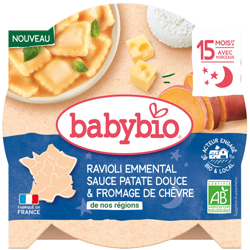 Babybio BIO Ravioli s ementálem, pyré ze sladkých brambor a francouzský kozí sýr