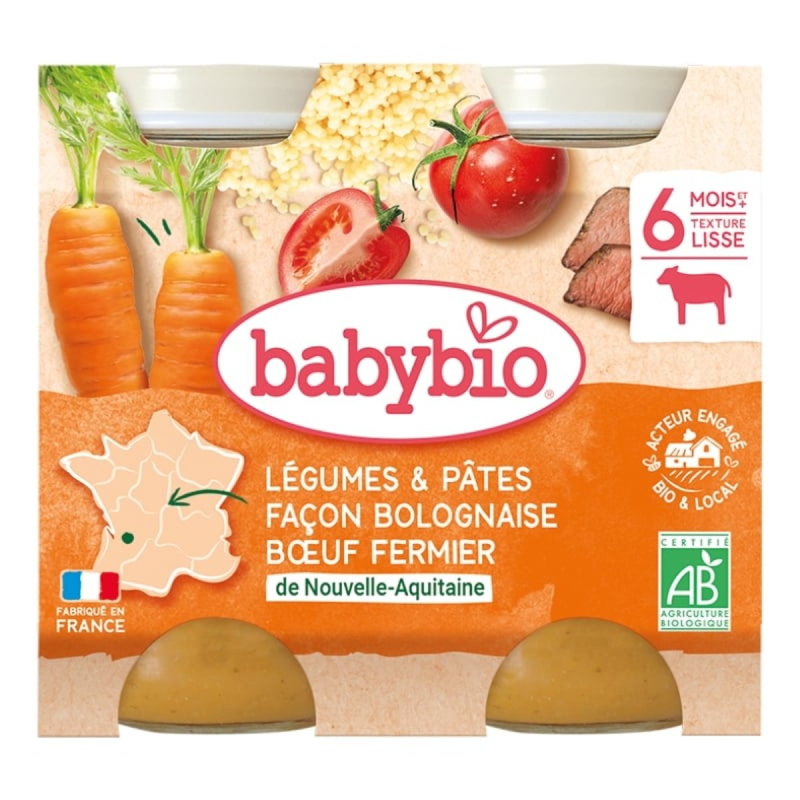 Babybio BIO Zelenina s těstovinami na boloňský způsob s farmářským hovězím masem (2×200 g)