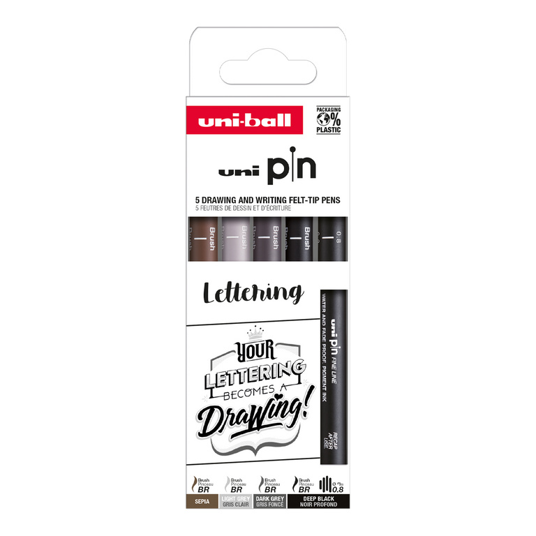 UNI PIN Lettering 5 ks Sada brush pens UNI