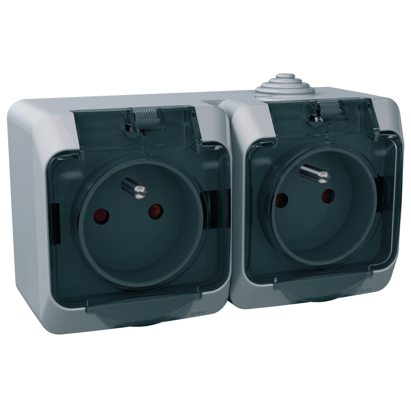 Zásuvka 230 V dvojnásobná kompletní Schneider Cedar Plus IP 44 šedá, čirá
