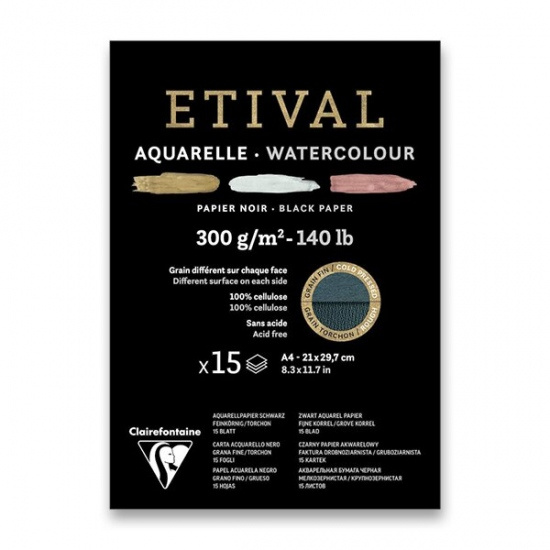 Akvarelový blok Clairefontaine Etival Black Cold Pressed/Rough A4, 15 listů, 300 g Clairefontaine