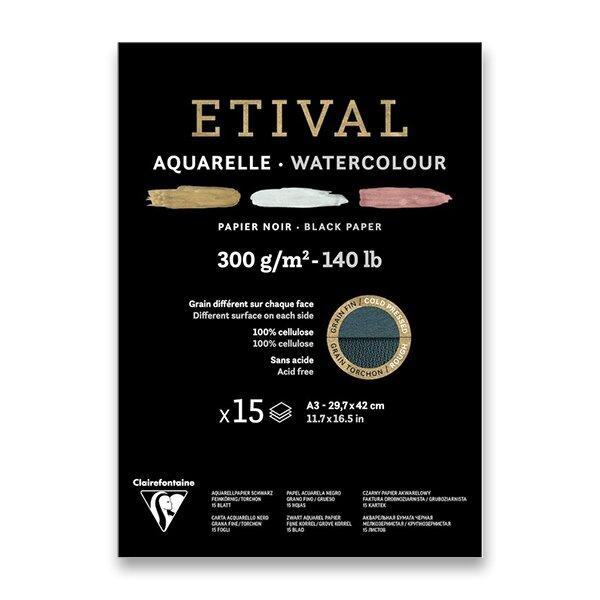 Akvarelový blok Clairefontaine Etival Black Cold Pressed/Rough A3, 15 listů, 300 g Clairefontaine