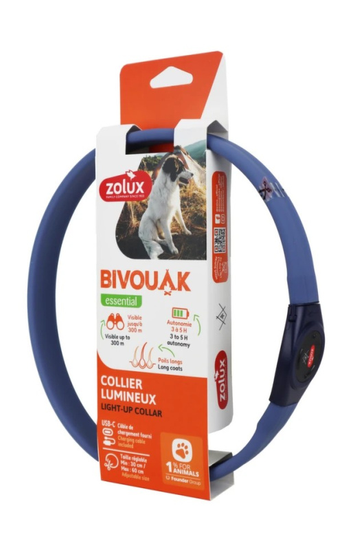 Obojek LED transparent BIVOUAK 30-60cm USB modrá Zolux