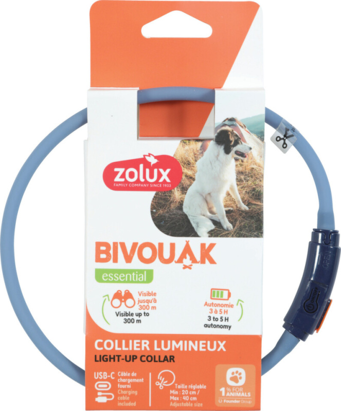 Obojek LED malý BIVOUAK 20-40cm USB modrá Zolux