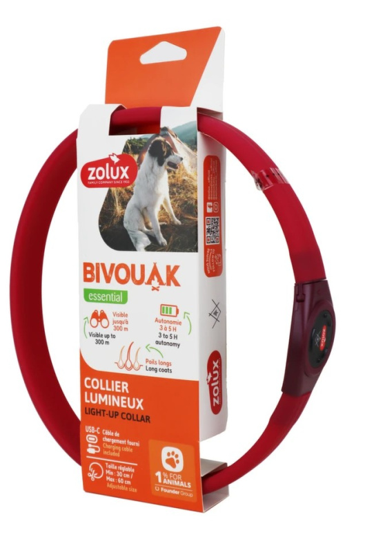 Obojek LED malý BIVOUAK 20-40cm USB červená Zolux