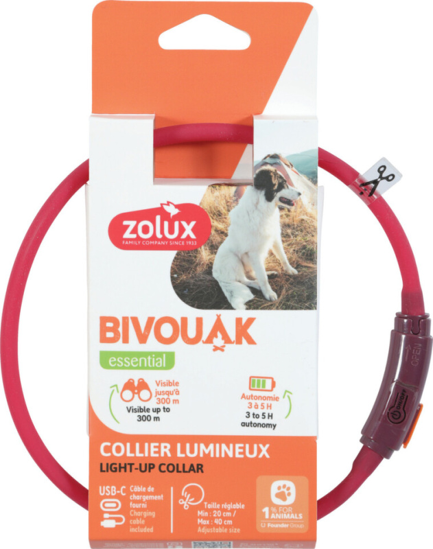Obojek LED malý BIVOUAK 20-40cm USB červená Zolux