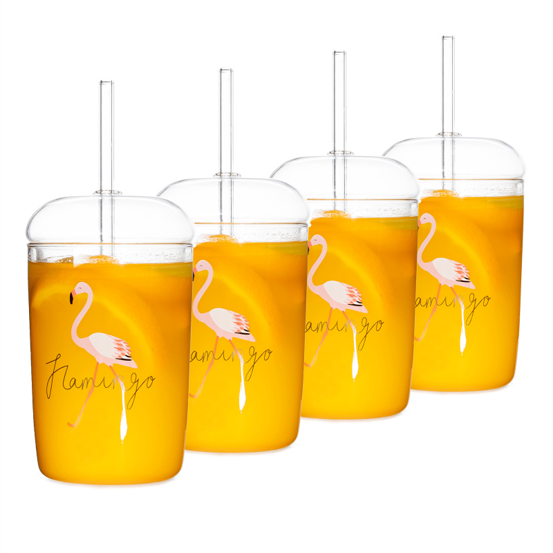 Pohár na drink, set 4 ks, s víkem a brčkem, 250ml, HOTCOOL TYP 7