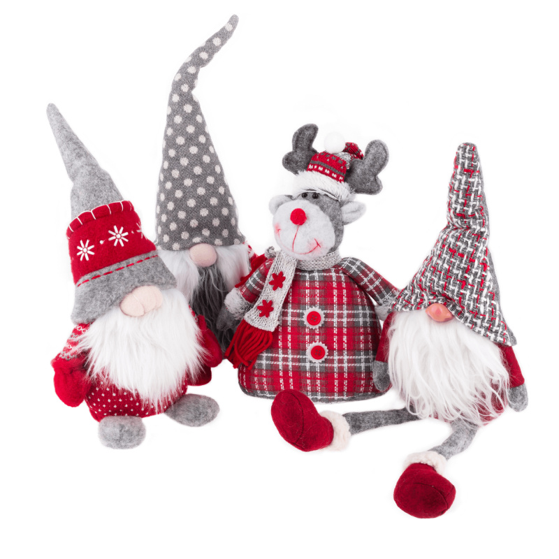 Vánoční dekorační postavičky, set 4 ks, látka, červená/šedá/bílá, DOLL