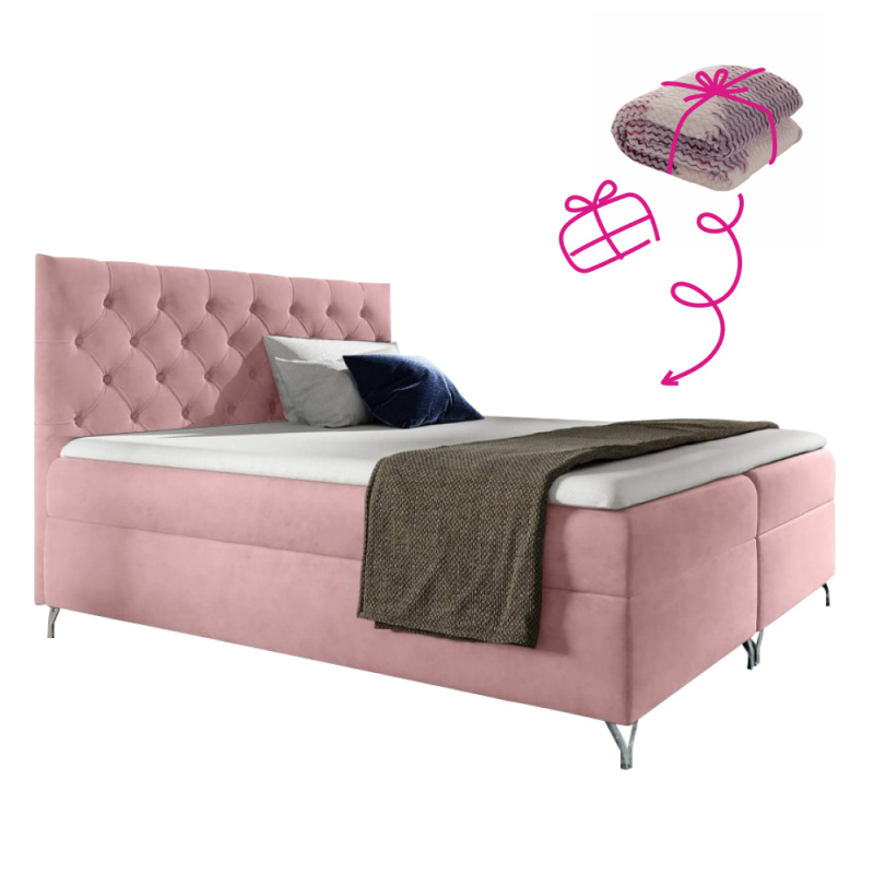 Boxspringová postel, 200x200, růžová látka Velvet, GULIETTE + dárek