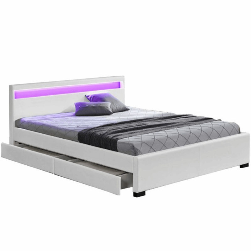 Manželská postel s úložným prostorem, RGB LED osvětlení, bílá ekokůže, 180x200, CLARETA P2, poškozené zboží
