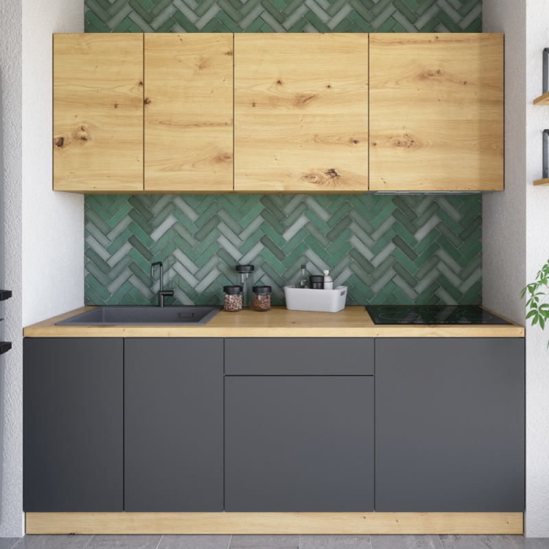 Kuchyňská linka, 2 m, dub artisan/šedá, VINETU