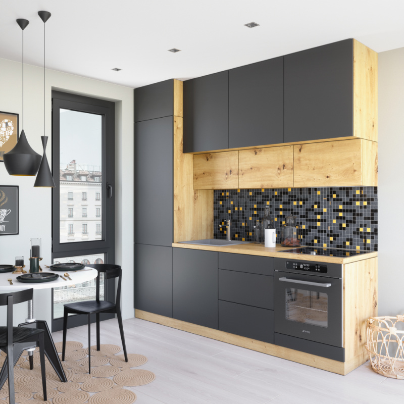 Kuchyňská linka, 2,4 m, šedá/dub artisan, VINETU