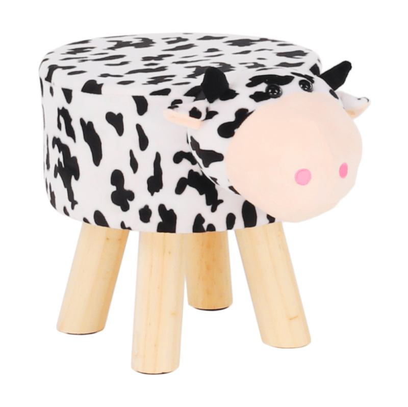Taburet v tvare kravičky, látka Velvet biela/čierna/prírodná, MOLLY P1, poškozené zboží
