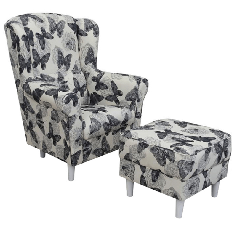 Křeslo ušák s taburetem, látka butterfly 1 šedá s bílou/bílá, ASTRID P1, poškozené zboží