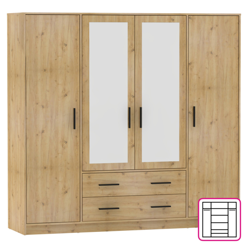 Šatní skříň, čtyřdveřová, dub artisan, BENA 2