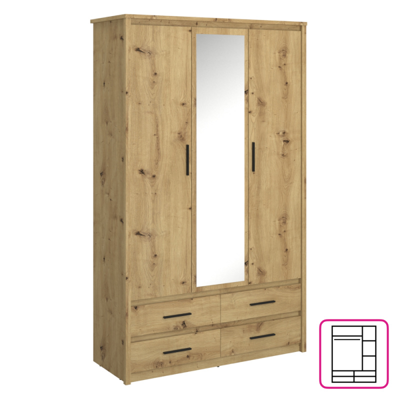 Skříň se zrcadlem 3D4S, dub artisan, AIRON P1, poškozené zboží