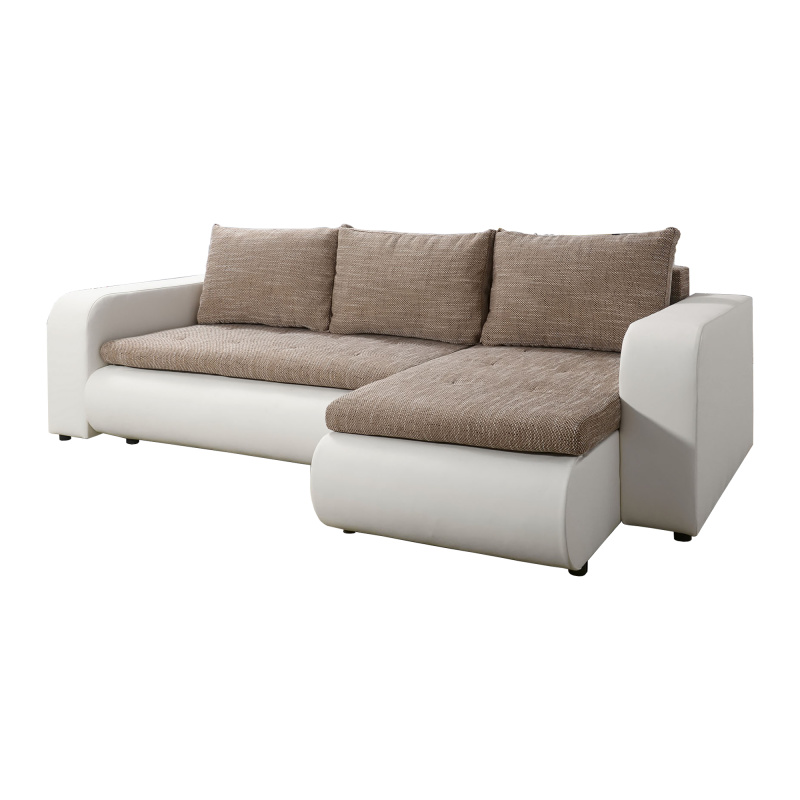 Rozkládací sedací souprava, bílá/hnědá, pravá, BURAN ROH P1, poškozené zboží