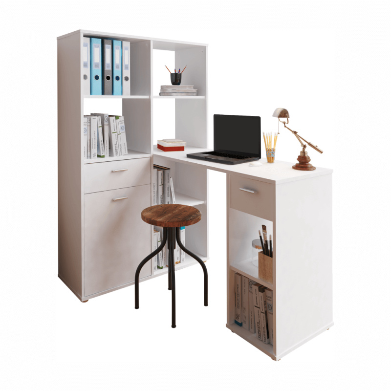 Rohový PC stůl s regálem, bílá, MINESON R1, rozbalené zboží