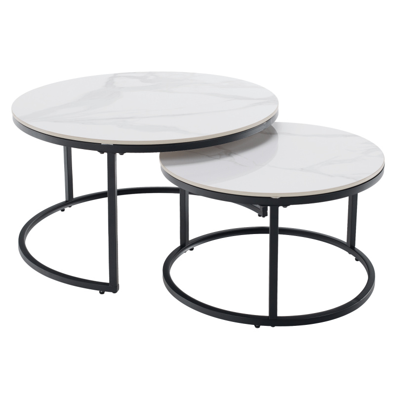 Konferenční stolky, sada 2 ks, bílý mramor/černá, LASTRO NEW