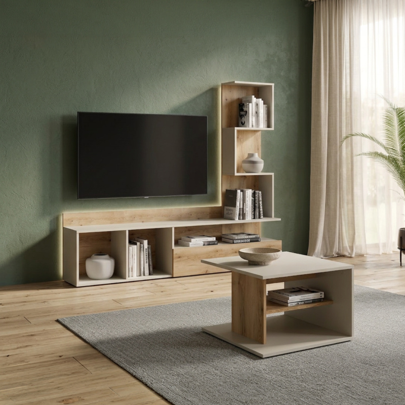 Obývací stěna s LED osvětlením, kašmír/dub přírodní, ILIMA
