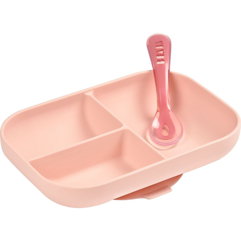Béaba Talíř silikonový dělený s přísavkou a lžičkou Pink