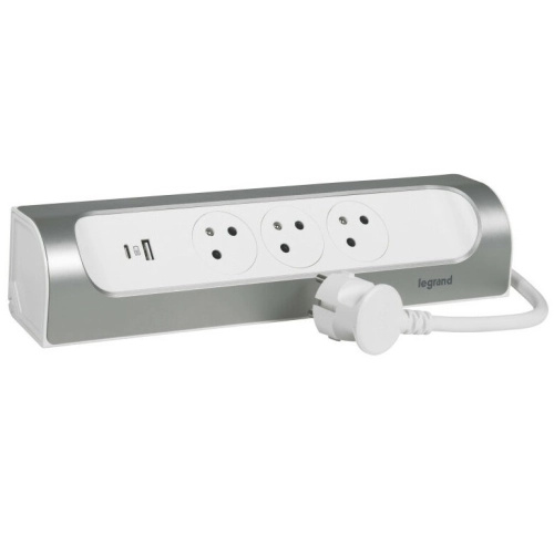 Legrand Prodlužovací zásuvková lišta, rohová, 3 zásuvky, USB A+C, bílá-šedá, 1 m