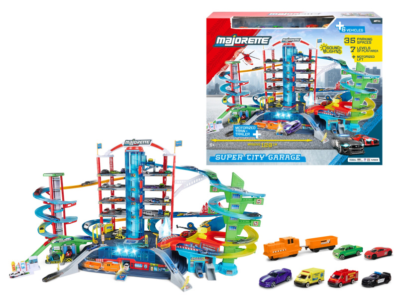 Majorette Super City Garage sedmipatrová garáž se 6 autíčky a vláčkem