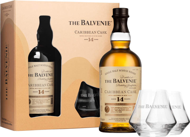 The Balvenie 14 letá Caribbean Cask + 2 sklenice 43% 0,7l (darčekové balenie 2 poháre)