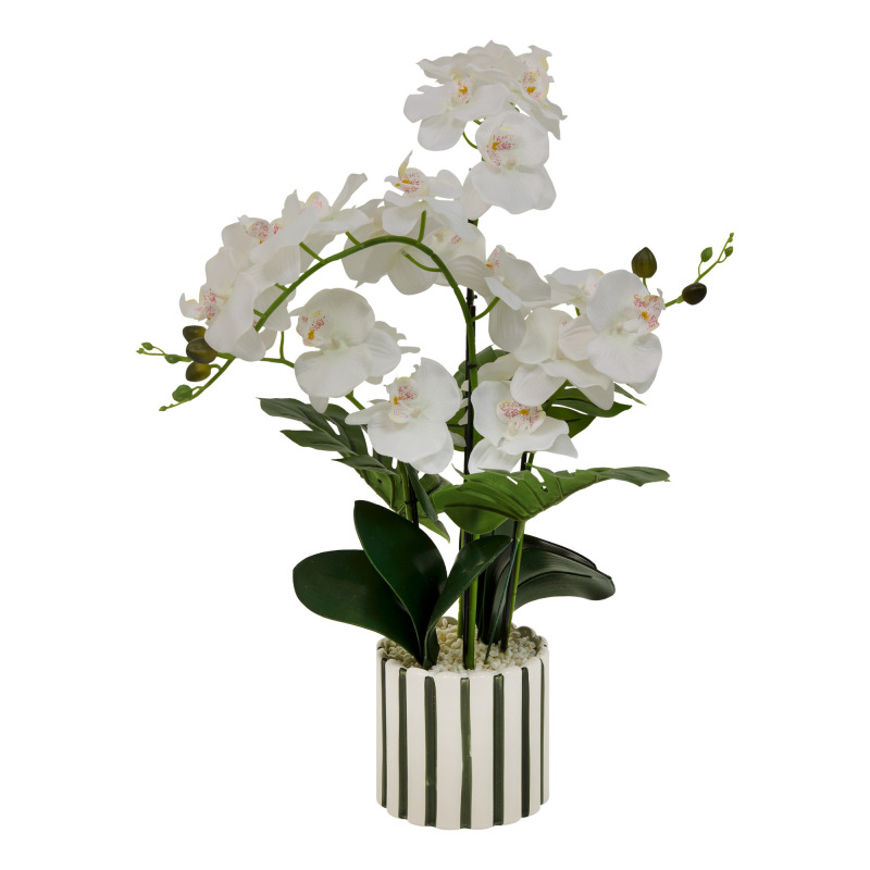 Atmosphera Umělá orchidej s keramickým květináčem s pruhy ASIA, 50 × 81 cm bílý