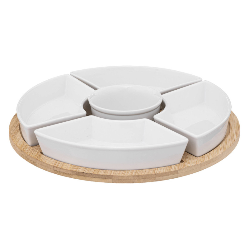 Secret de Gourmet Servírovací set: 6 porcelánových misek + bambusový tác bílá