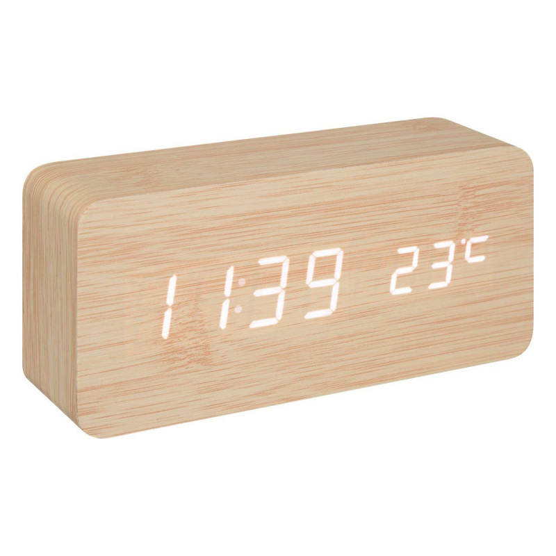 Atmosphera Dřevěný budík Gamiel, teploměr, alarm, 15 x 4 x 7 cm hnědá