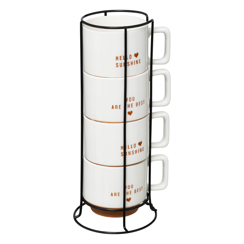 Secret de Gourmet Sada 4 porcelánových hrnků HELLO na kovovém stojanu, 4 x 300 ml bílý
