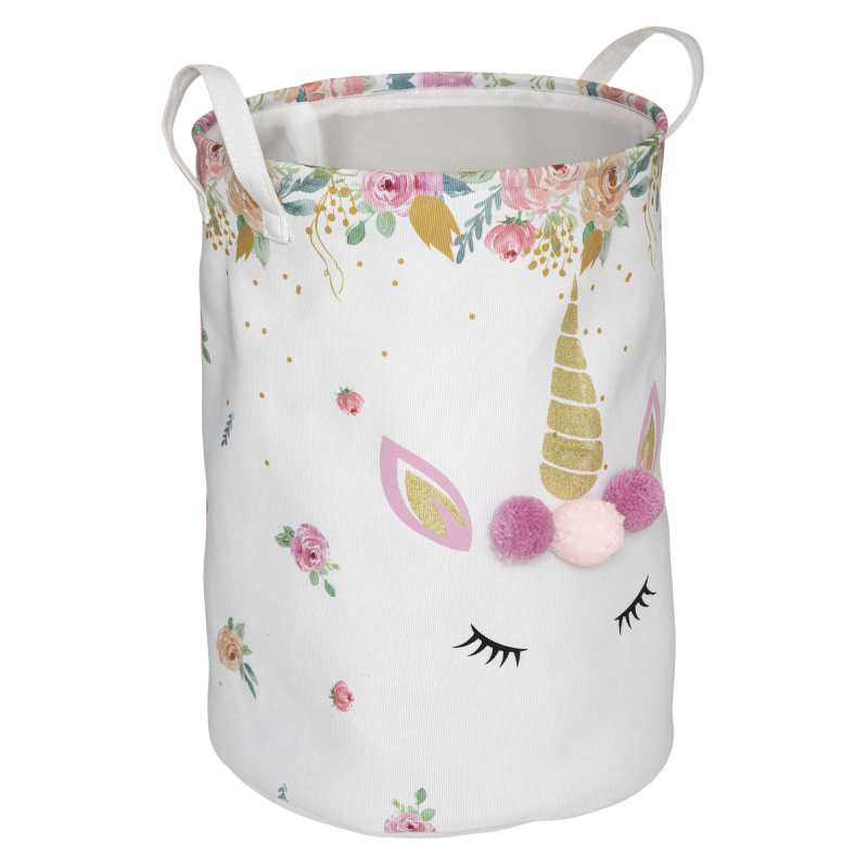 Atmosphera for kids Úložný koš na hračky s bambulemi UNICORN, Ø 35 cm bílá