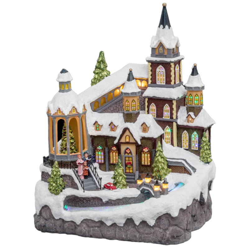 Fééric Lights and Christmas Vánoční vesnička, Vánoční scéna s kostelem a řekou vícebarevná