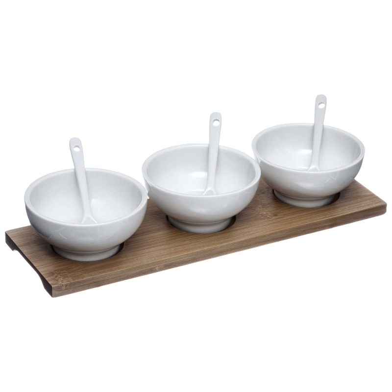 Secret de Gourmet Snack set, 3 porcelánové mísy + lžíce a stojan hnědá