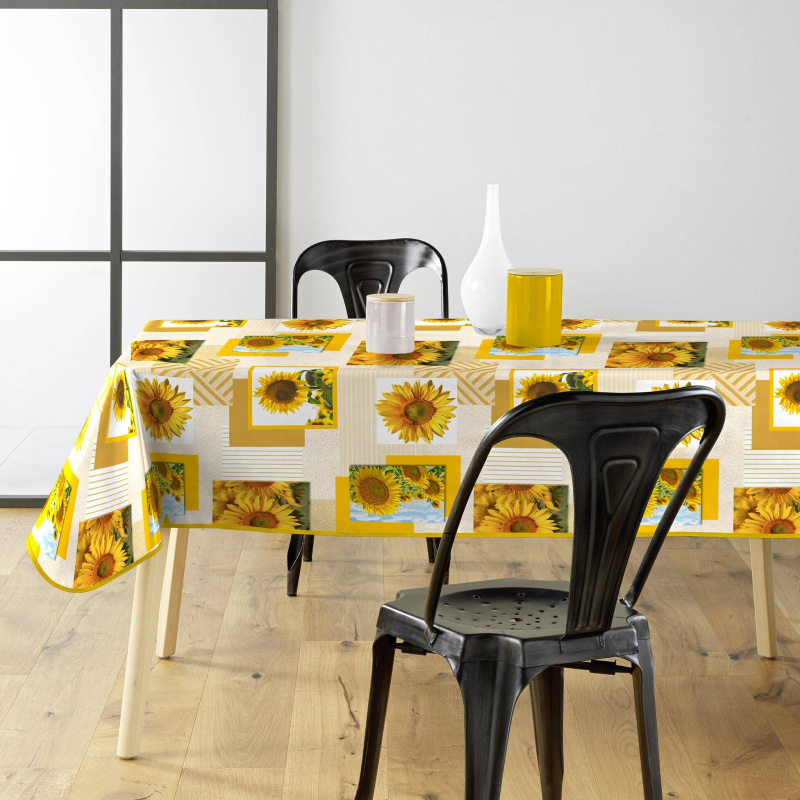 Douceur d'intérieur Kulatý ubrus se vzorem slunečnice SUNFLOWER , 140 x 240 cm, umělá hmota žlutá