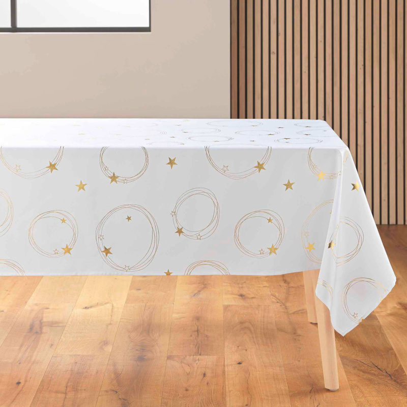 Douceur d'intérieur Obdélníkový ubrus se zlatým motivem hvězd, 150 x 300 cm bílý