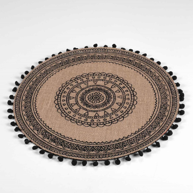 Douceur d'intérieur Prostírání na stůl RENATA, jutové, s černými bambulkami, Ø 38 cm černá