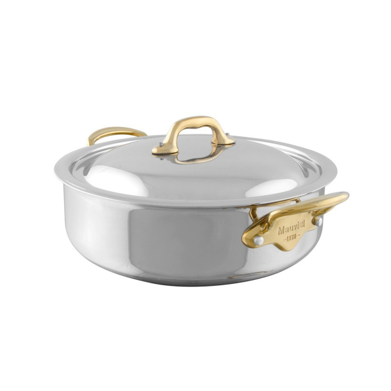 Mauviel Nízký nerezový kastrol s bronzovými uchy a poklicí M’Cook, 28 cm / 5,6 l 353029