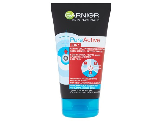 Garnier Pure Active černá maska na obličej proti černým tečkám a akné s aktivním uhlím 3v1 150 ml