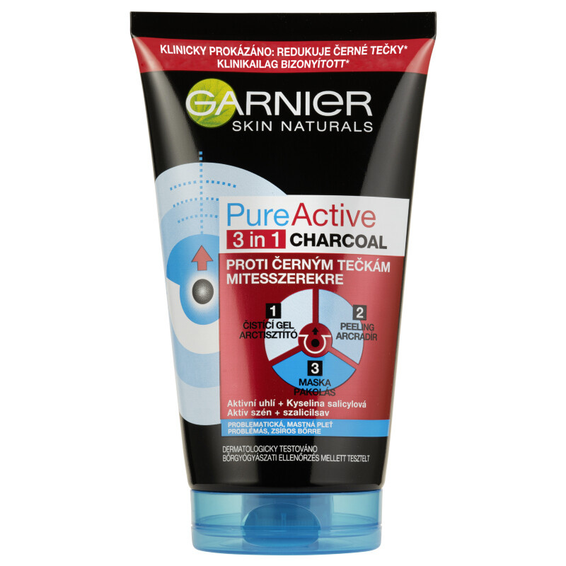 Garnier Pure Active černá maska na obličej proti černým tečkám a akné s aktivním uhlím 3v1 150 ml
