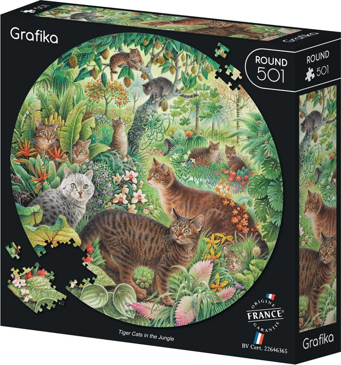 Grafika kulaté puzzle tygří kočky v džungli