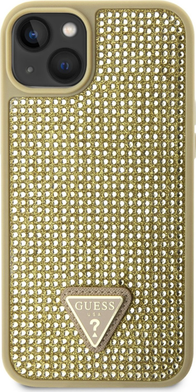 Guess Ochranný kryt pro iPhone 14 - Guess, Rhinestones Triangle Metal Logo Gold