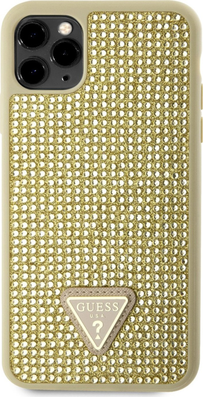 Guess Rhinestones Triangle Metal Logo kryt pro iPhone 11 Pro Max zlatý