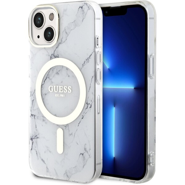 Guess IML Marble MagSafe kryt iPhone 13 bílý