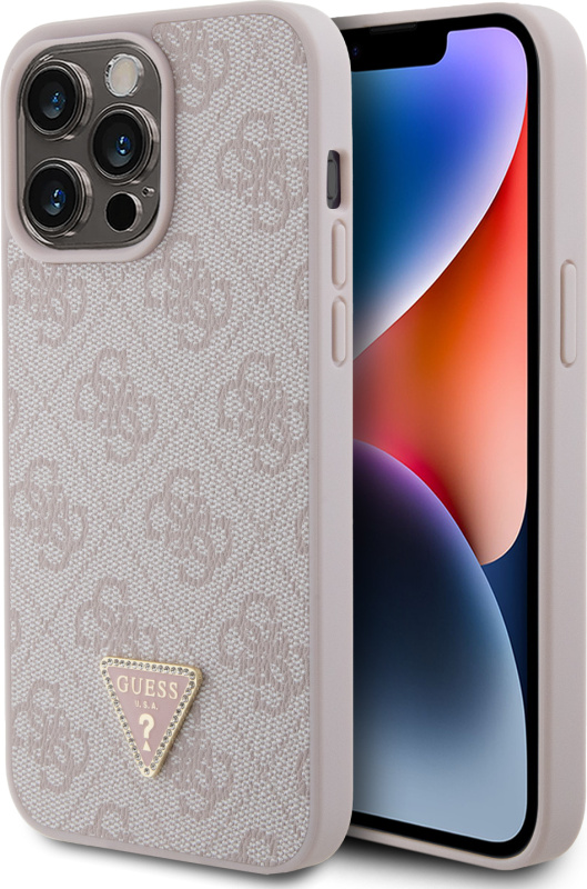 Guess Ochranný kryt na iPhone 15 Pro MAX - Guess, 4G Strass Triangle Metal Logo Pink