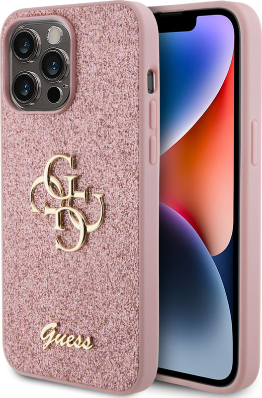Guess PU Fixed Glitter 4G Metal Logo kryt iPhone 15 Pro Max růžový