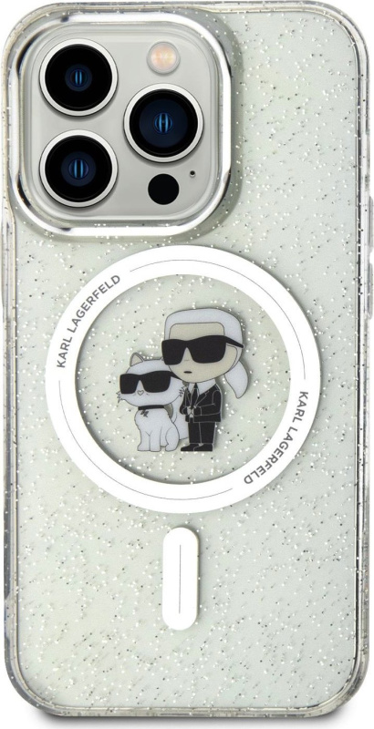 Karl Lagerfeld IML Glitter Karl and Choupette MagSafe Kryt iPhone 15 Pro čirý