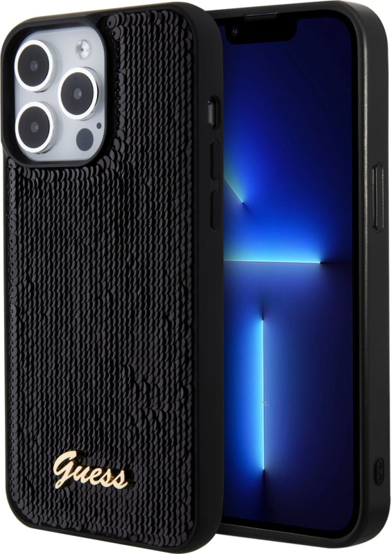 Guess Ochranný kryt na iPhone 15 Pro - Guess, Sequin Script Logo Black